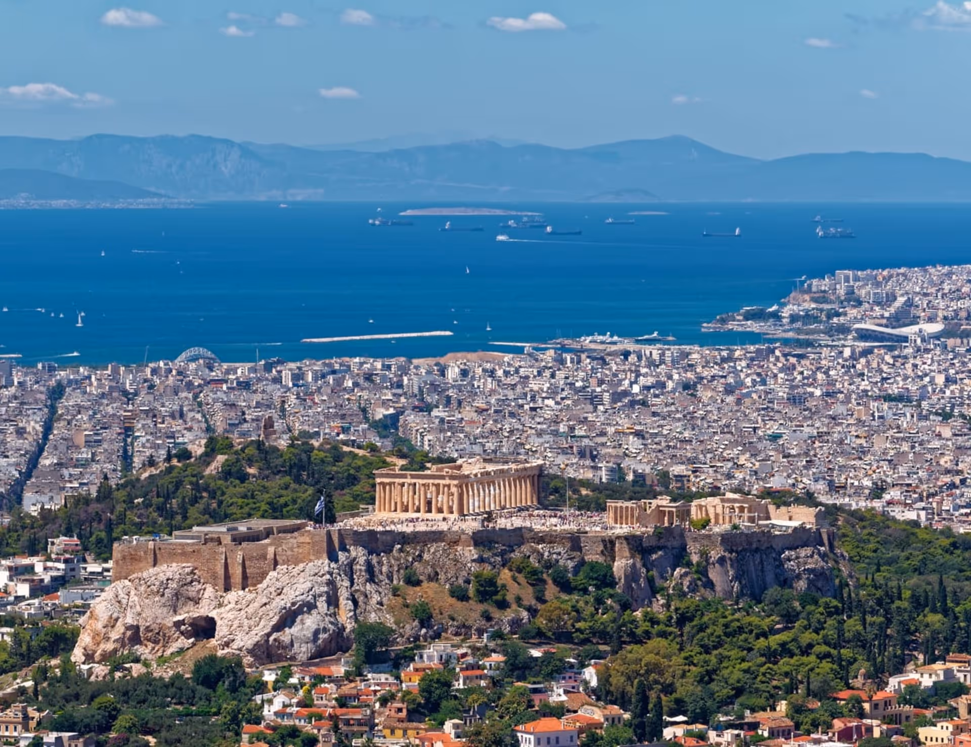 Overlooking the Athens cityscape from above showing ancient and modern Athens side by side