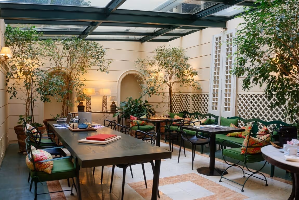 Philippos Hotel interior courtyard lounge