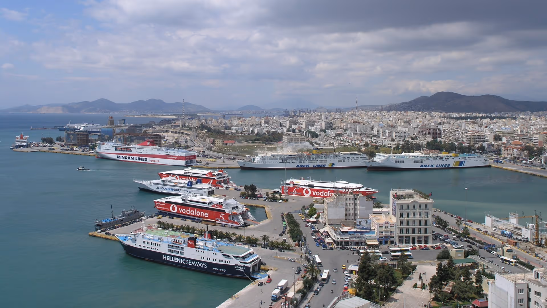 Panoramic view of the commercial port of Piraeus near Athens with ferries in the harbour